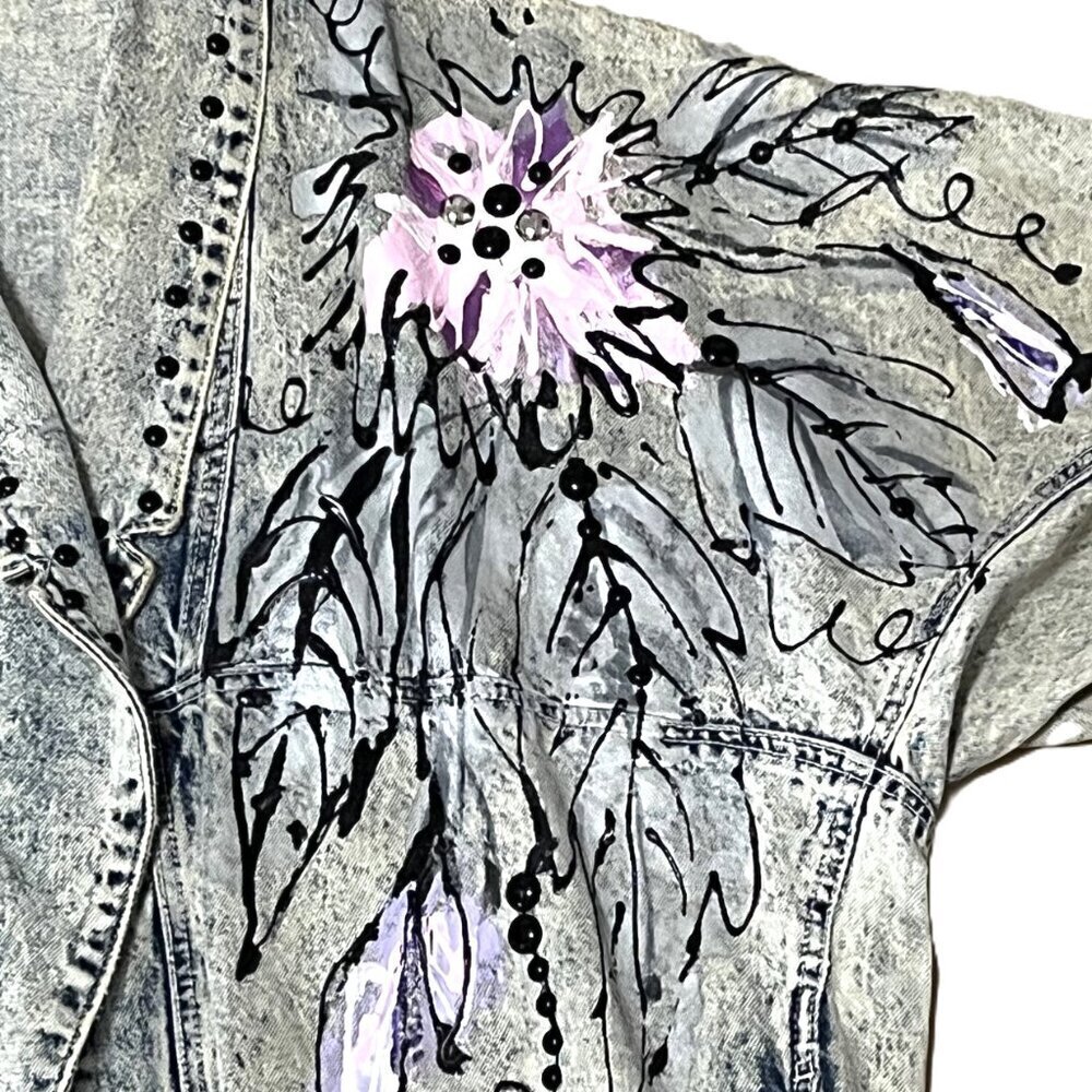 Vintage 90s one of a kind oversized denim jacket with hand painted embellished - Picture 7 of 16
